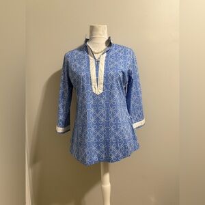 Peter Millar Blue Patterned Madison Split V-Neck Tunic with White Trim